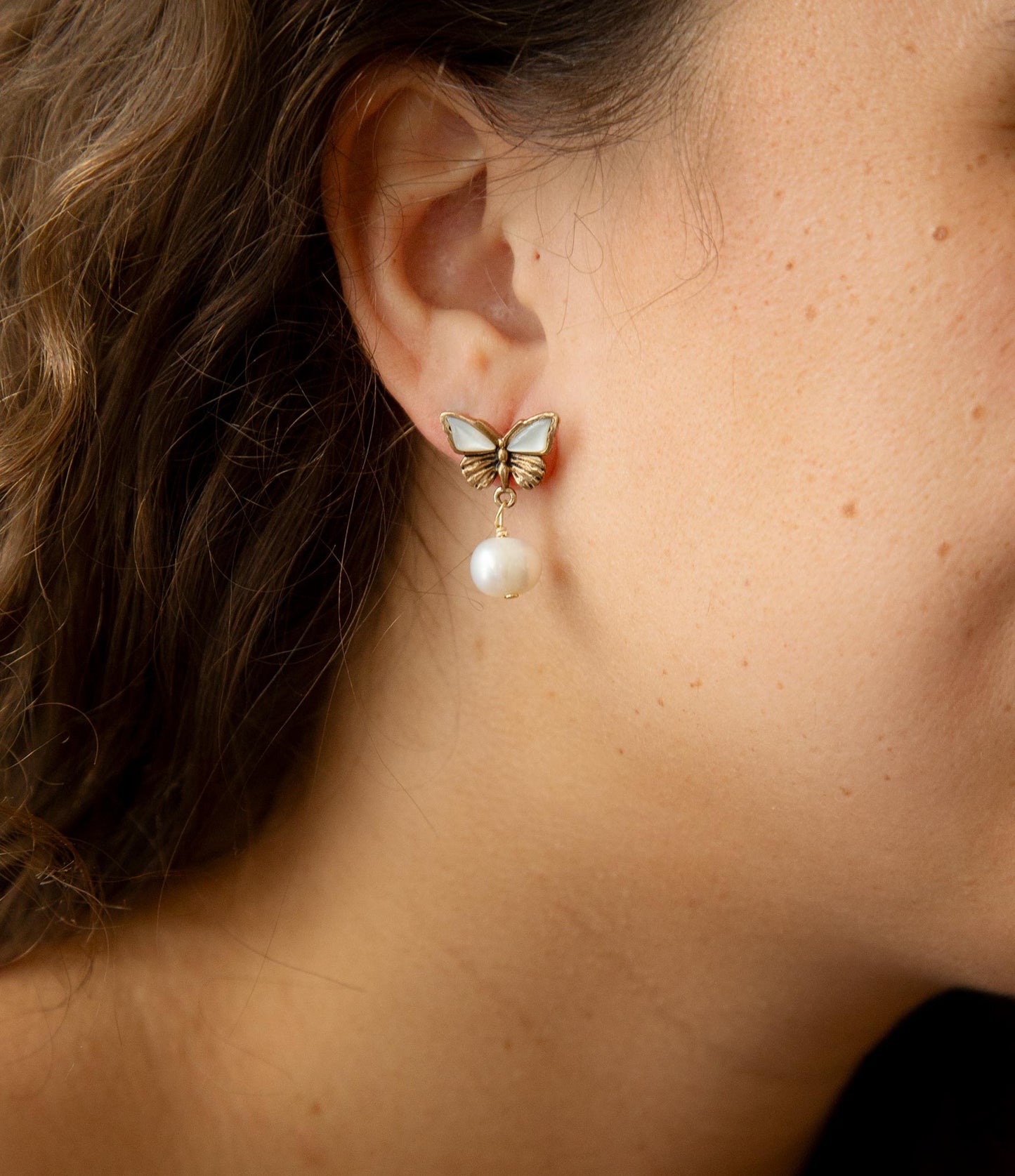 White Mother of Pearl Golden Butterflies Post Drop Earrings