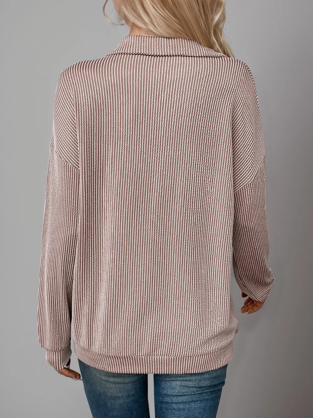 Double Take Striped Half Zip Long Sleeve T-Shirt