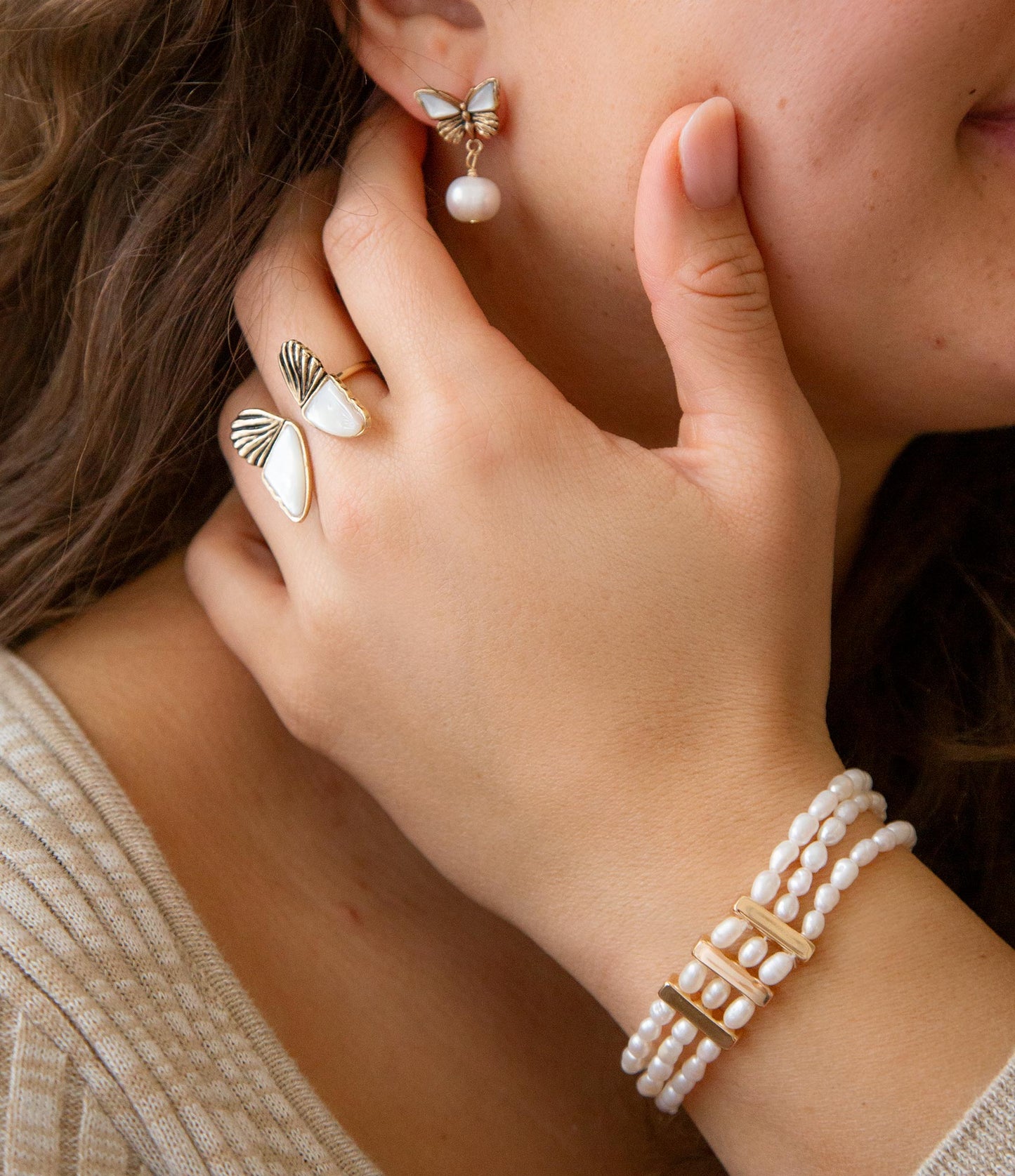 White Mother of Pearl Golden Butterflies Post Drop Earrings