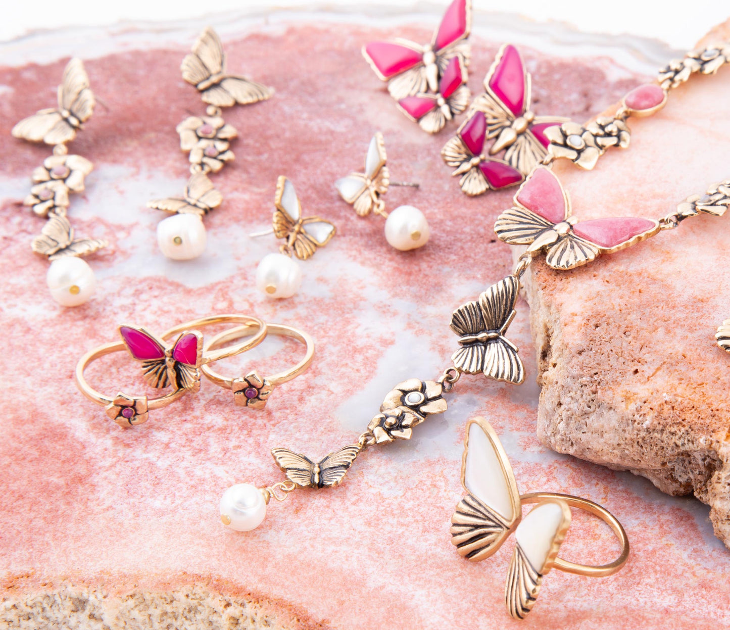 White Mother of Pearl Golden Butterfly Statement Ring