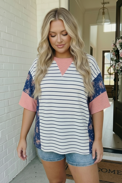 Stripe and Floral Mixed Media Oversized Top