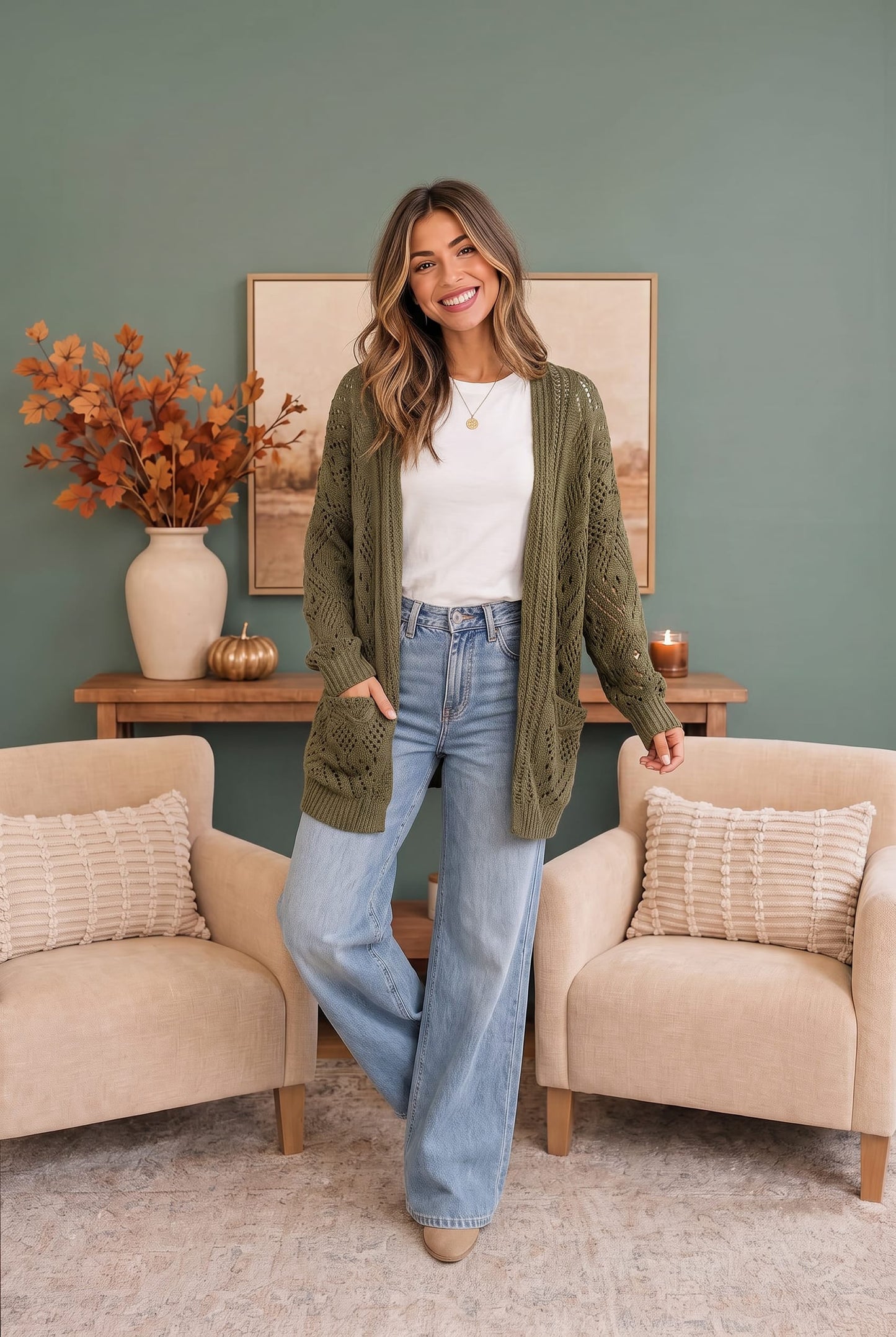 Cozy Days Open Knit Cardigan in Olive