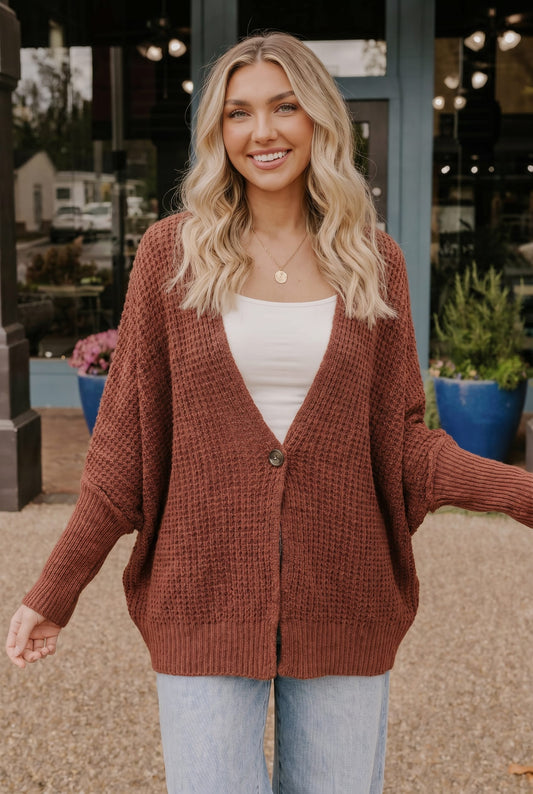 Cozy Button Front Waffle Knit Cardigan in Rust