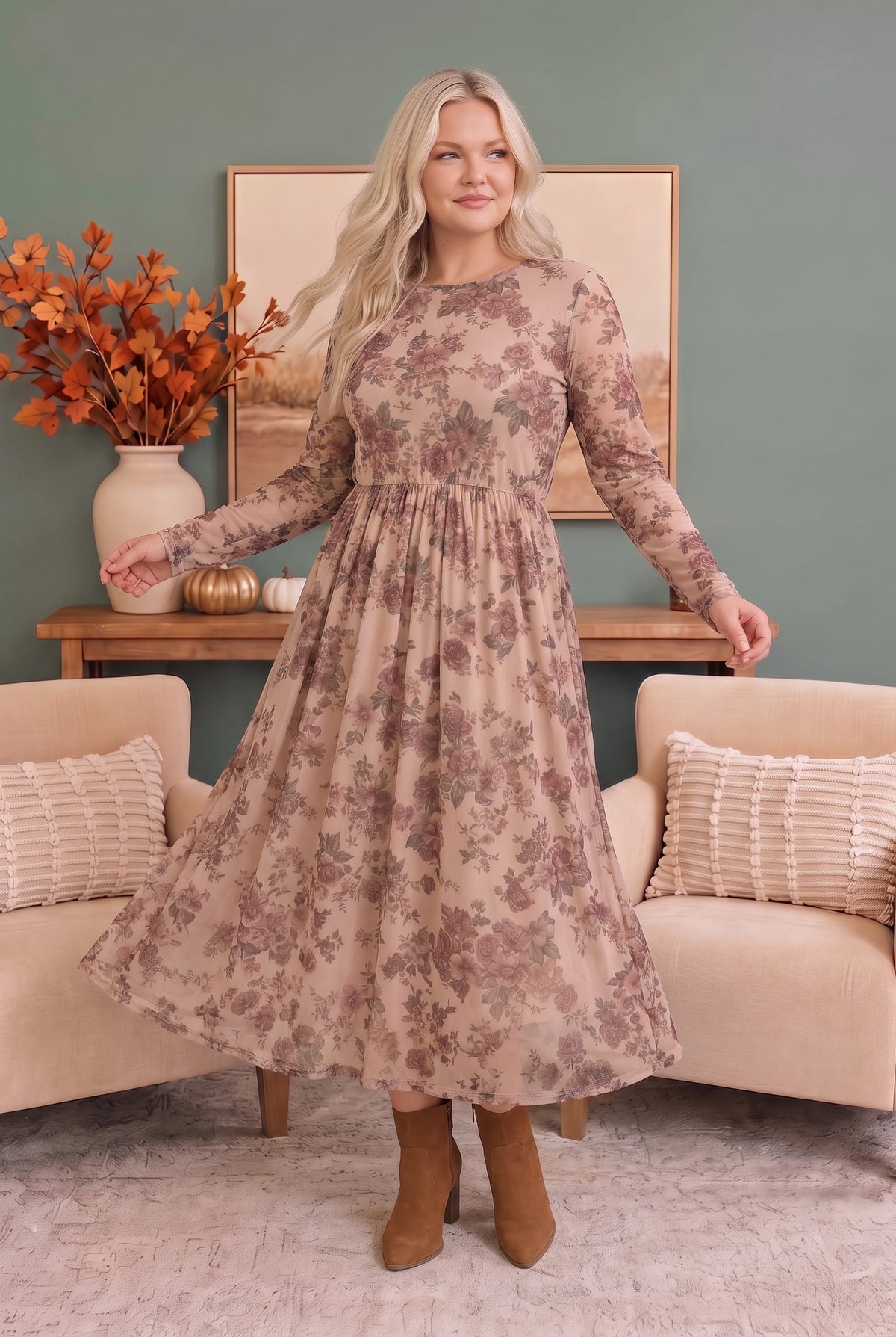 Rosewood Dreams Floral Mesh Midi Dress