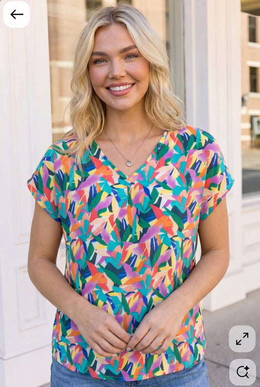 Tropical Pop Multicolor Print V-Neck Top