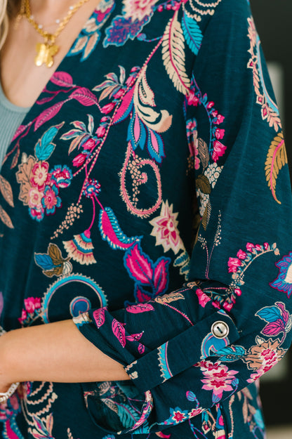 Lizzy Cardigan in Hunter Green Floral Paisley